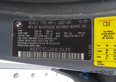 2010 BMW X3 xDrive30I из США, поврежденный, VIN WBXPC9C43AWJ34317